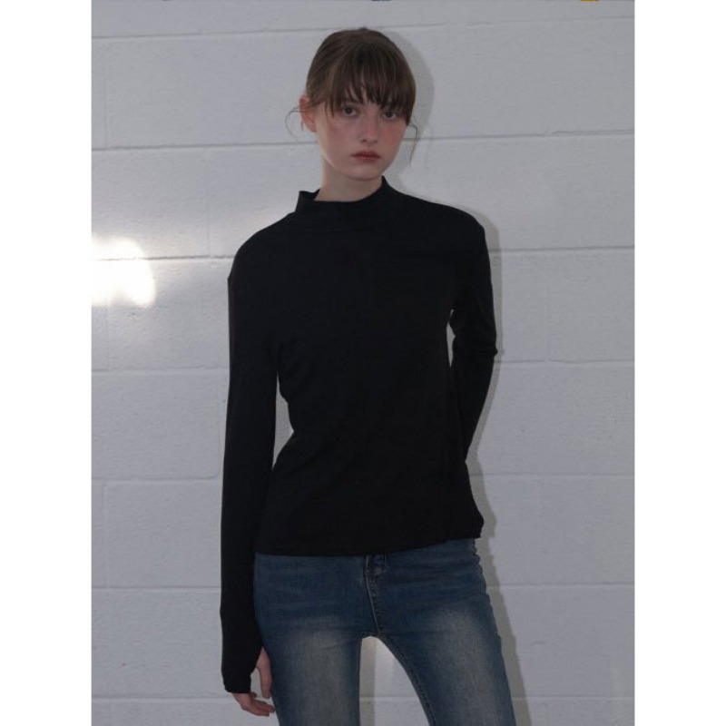 PlaceStudio) Soft Half-Neck Warm Knit T-Shirt Turtleneck (BLACK)