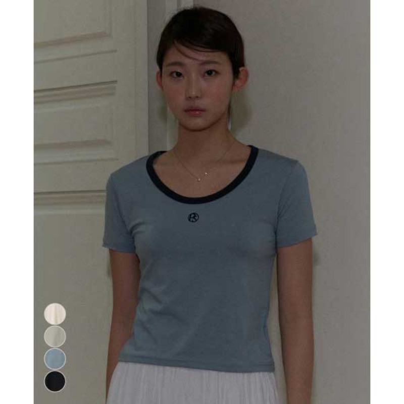 Place Studio) Soft Color Embroidery U-neck Short-sleeved Cropped T-shirt (3 COLOR)