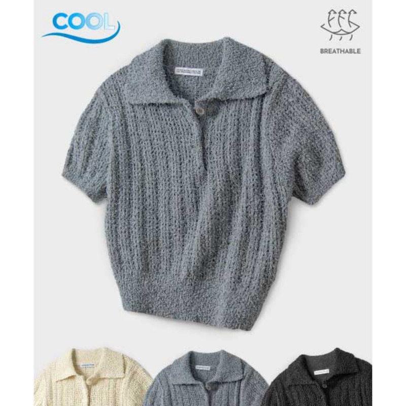 Place Studio) Soft Cool Touch Collar Short Sleeve Cropped Knitwear T-shirt (2 COLOR)