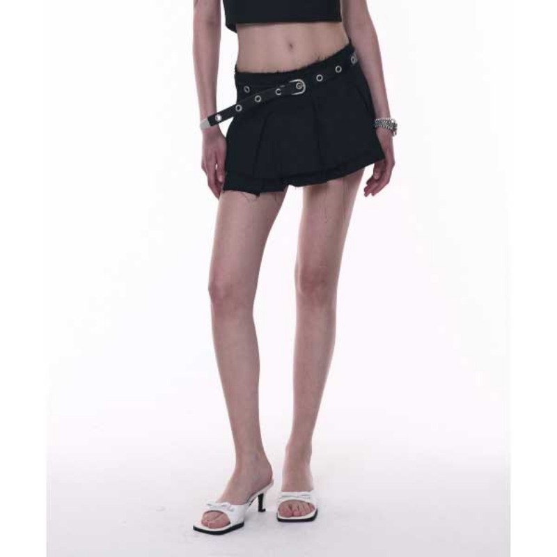 Place Studio) Pleats Flare Cut Off Micro Mini Layered Skirt (BLACK)
